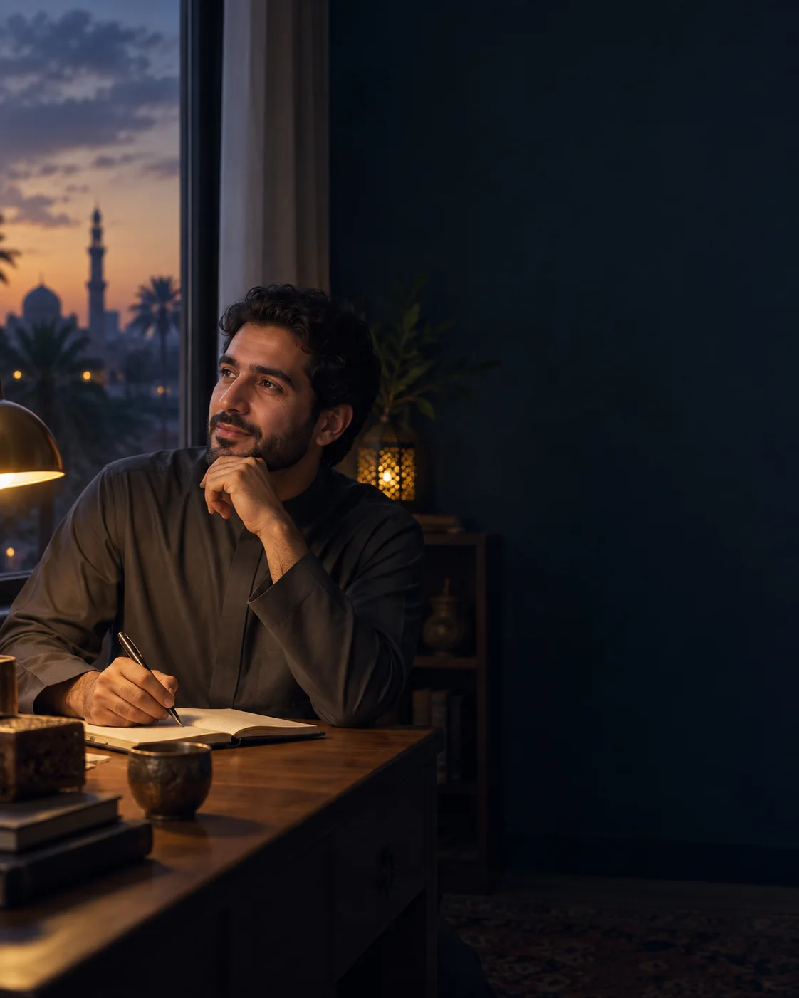 شخص يكتب أفكاره بهدوء قرب نافذة عند المساء
