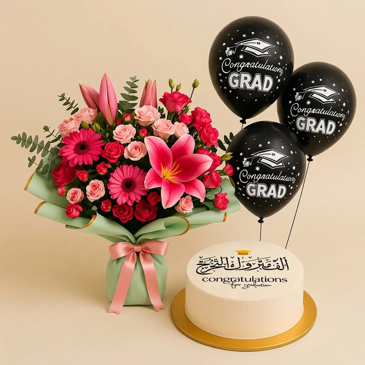باقة ورد مع كيكة وبالونات