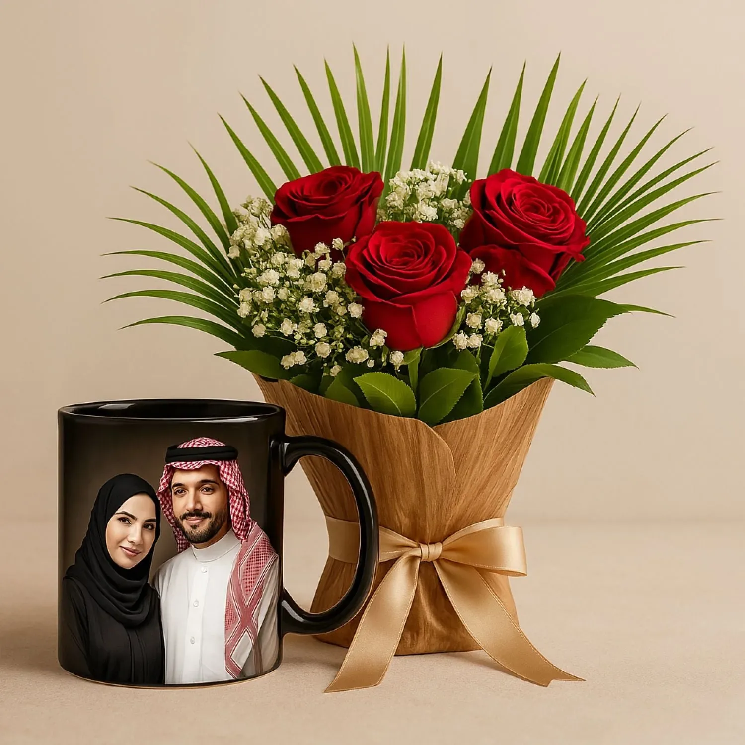 باقة ورد جوري أحمر مع كوب